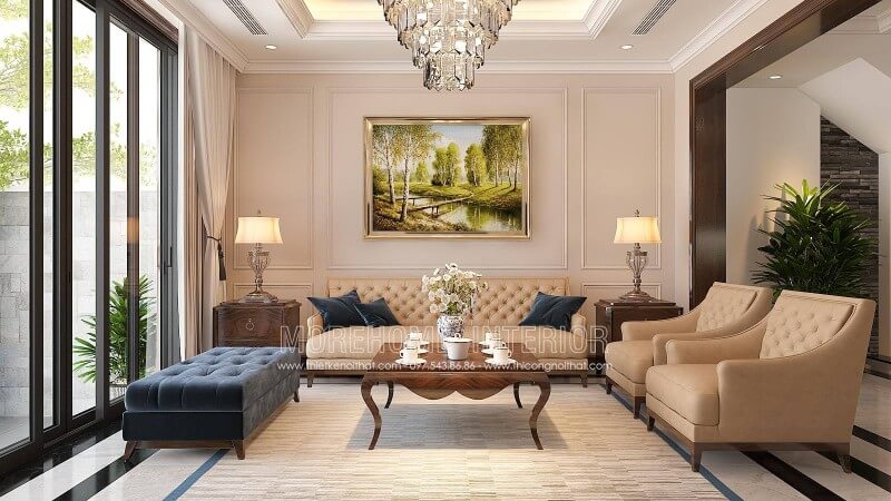 Thiết kế phòng khách đẹp với mẫu sofa tân cổ điển khung gỗ tự nhiên bọc da màu kẹm đậm cao cấp là điểm nhấn của căn phòng sofa tân cổ điển