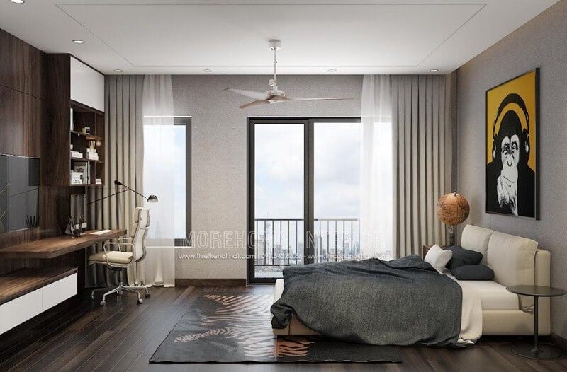Ánh sáng giúp không gian luôn được thông thoáng khi được tận dụng tối đa từ hệ cửa chính, cửa sổ phòng ngủ hiện đại có ban công.