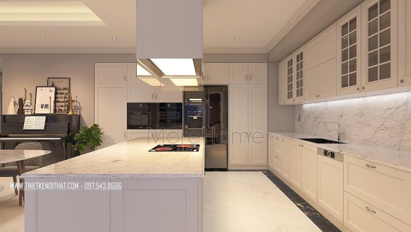 Phòng bếp được thiết kế tinh tế trong gam màu trắng tinh khôi với thiết bị bếp được lựa chọn mẫu thiết bị cao cấp nhất